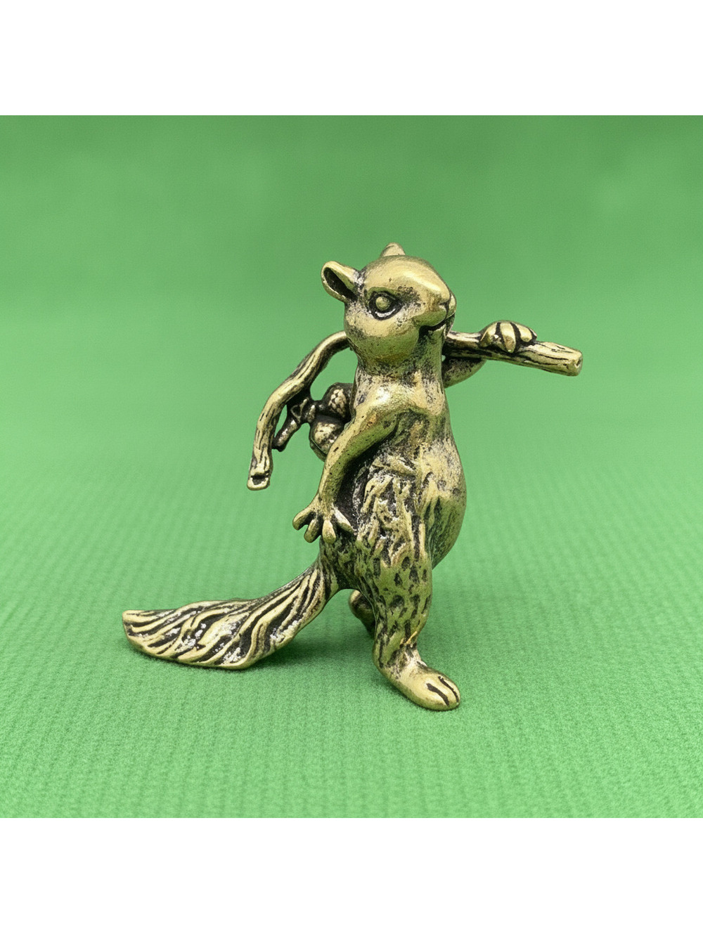 Brass Squirrel Figurine Carrying a Branch Sculpture